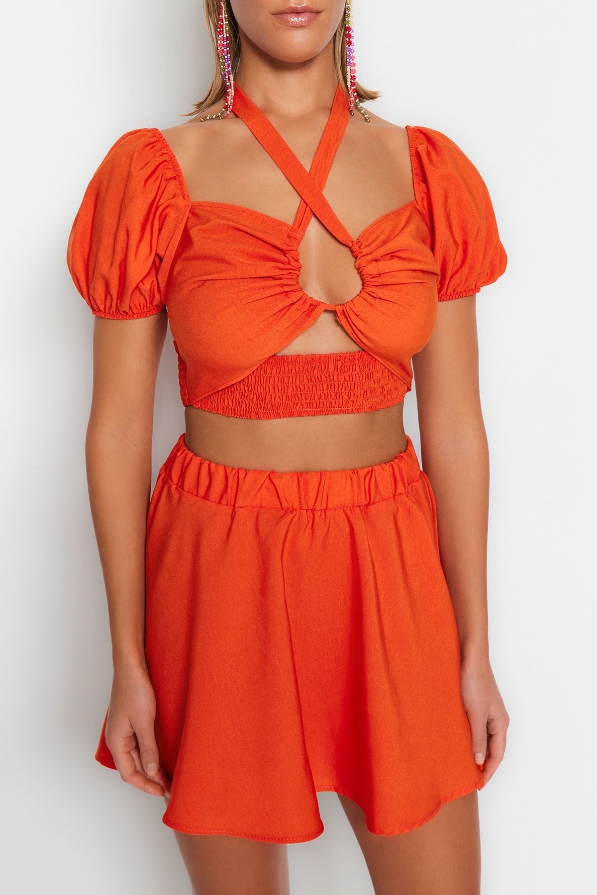 Orange Woven Cut Out/window Blouse Skirt Set Tbess23au00180