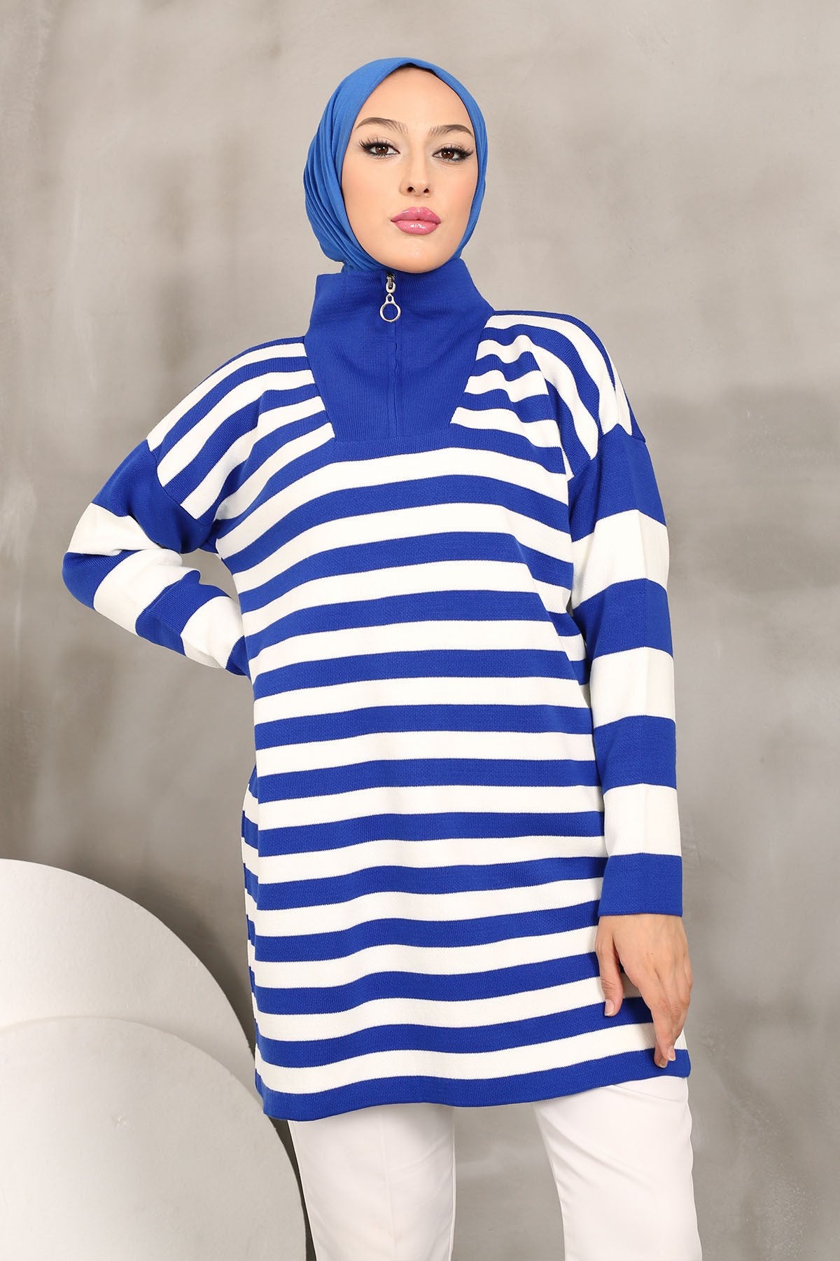 Black Striped Zipper Knitwear Tunic Imj002666