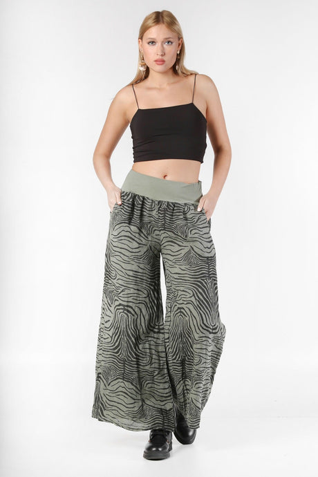 Italian Black And White Zebra Pattern Elastic Waist Linen. Woven Pants M10060000pn98340