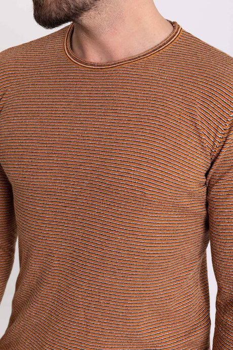 Striped Camel Color Slim Fit Long Sleeve Crew Neck Men's Sweater 11333.20k