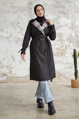 Eleta Double-breasted Collar Plaid Trench Coat - Black Ms0in1001