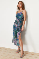 Multicolor Belted Tassel Shawl Pattern A Cut/bell Form Maxi Lined Woven Dress Twoss23el01777