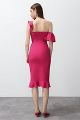 Fuchsia Ruffle Woven Elegant Evening Dress Tprss24el00153