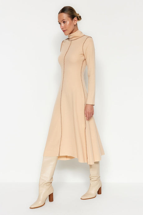 Camel Karyoka Stitched A-cut/bell Form Thessaloniki/knitwear Look Midi Knit Dress Twoaw24el00333