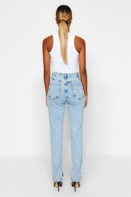 Blue Slit High Waist Straight Jeans Twoss22je0430