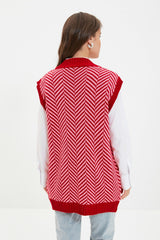 Red Striped V Neck Knitwear Sweater Tctaw22uv0021