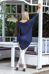 Navy Blue V Neck Long Sleeve Knitted Asymmetric Casual Blouse M10010200bl92824