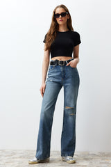 Blue More Sustainable Ripped High Waist Wide Leg Jeans Twoss24je00198