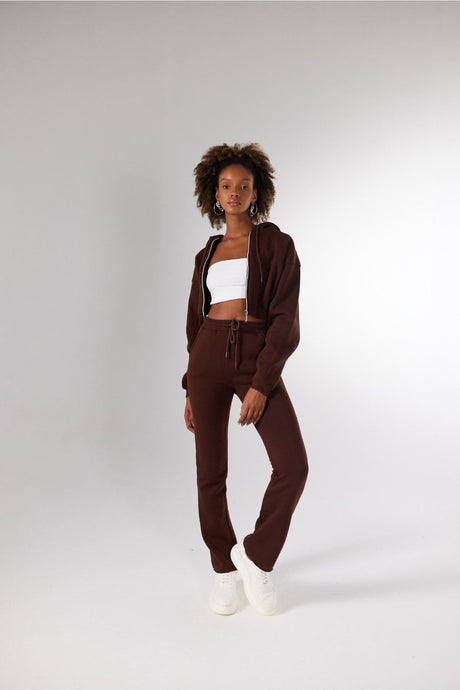 Women's Brown Hooded Long Sleeve Zipper Crop Mixed Sweat Hlmixedsweat