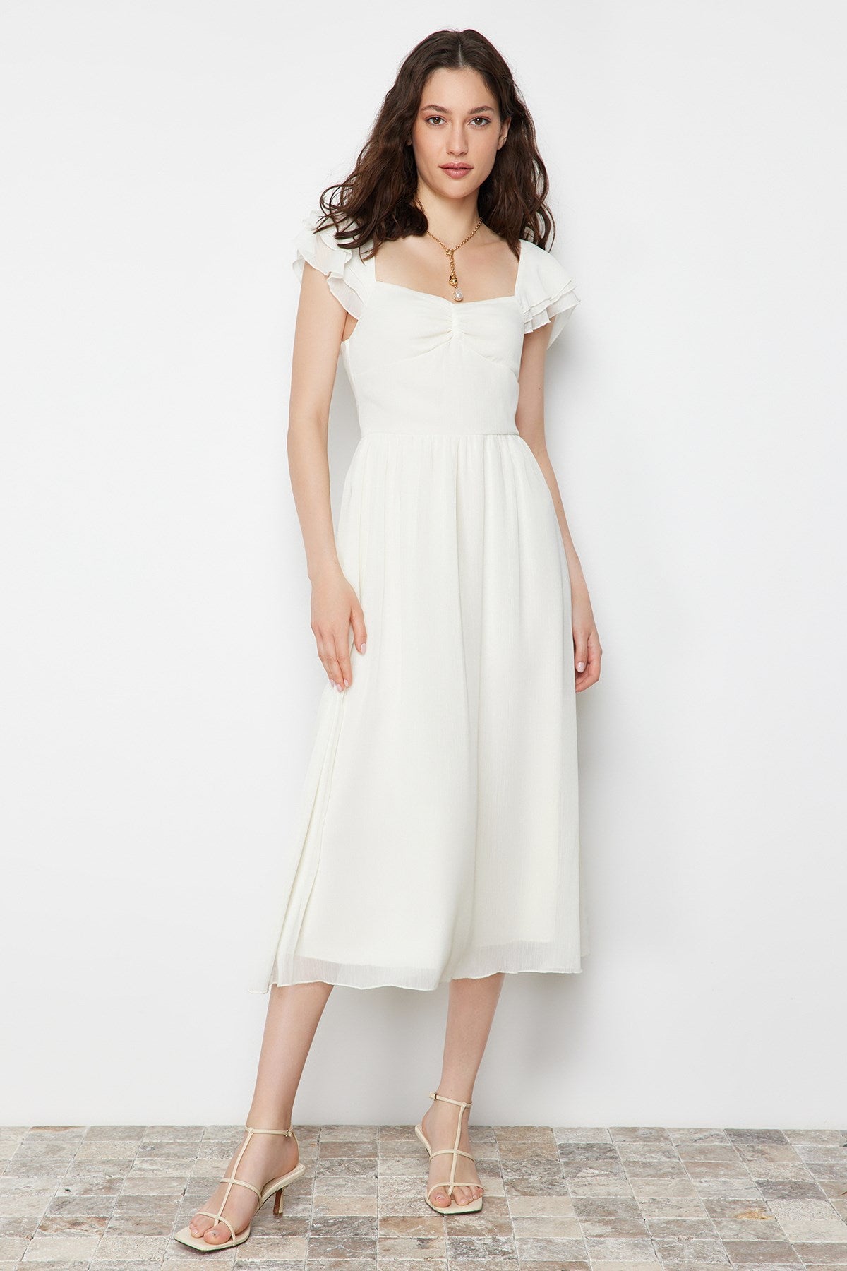 Ecru Waist Chiffon Lined Midi Woven Dress Twoss24el00541