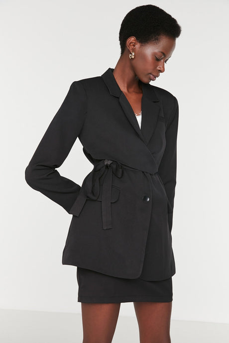 Black Belted Regular Lined Double-breasted Closure Woven Blazer Jacket Twoaw21ce0320