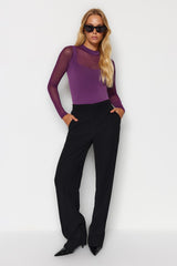 Purple Fitted/body-fitting Tulle Detailed Long Sleeve Stand-up Collar Flexible Snaps Knitted Bodysui