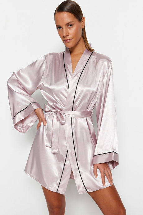 Powder Bib Detailed Wide Sleeve Satin Woven Robe Thmss23sb00017