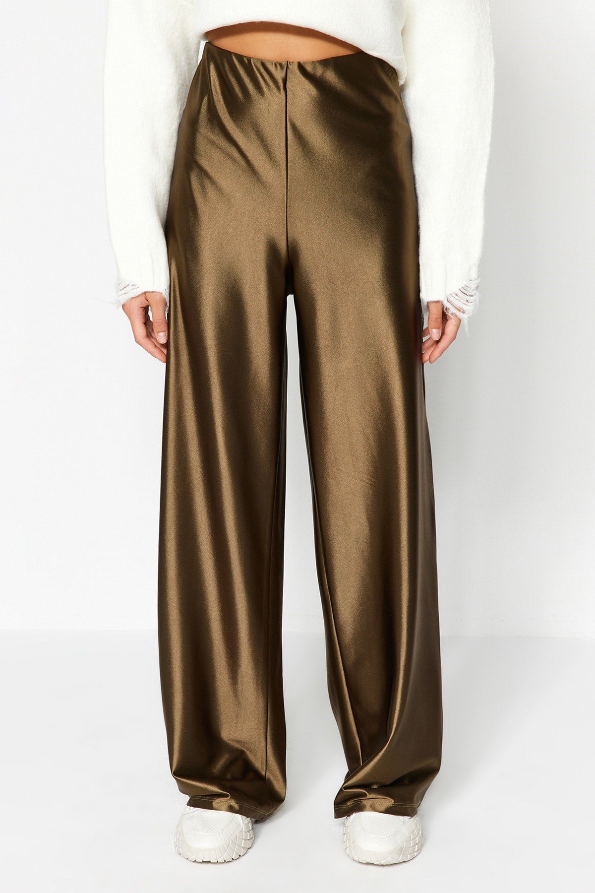 Khaki Premium Satin Wideleg/wide Leg Knit Pants Twoaw24pl00064