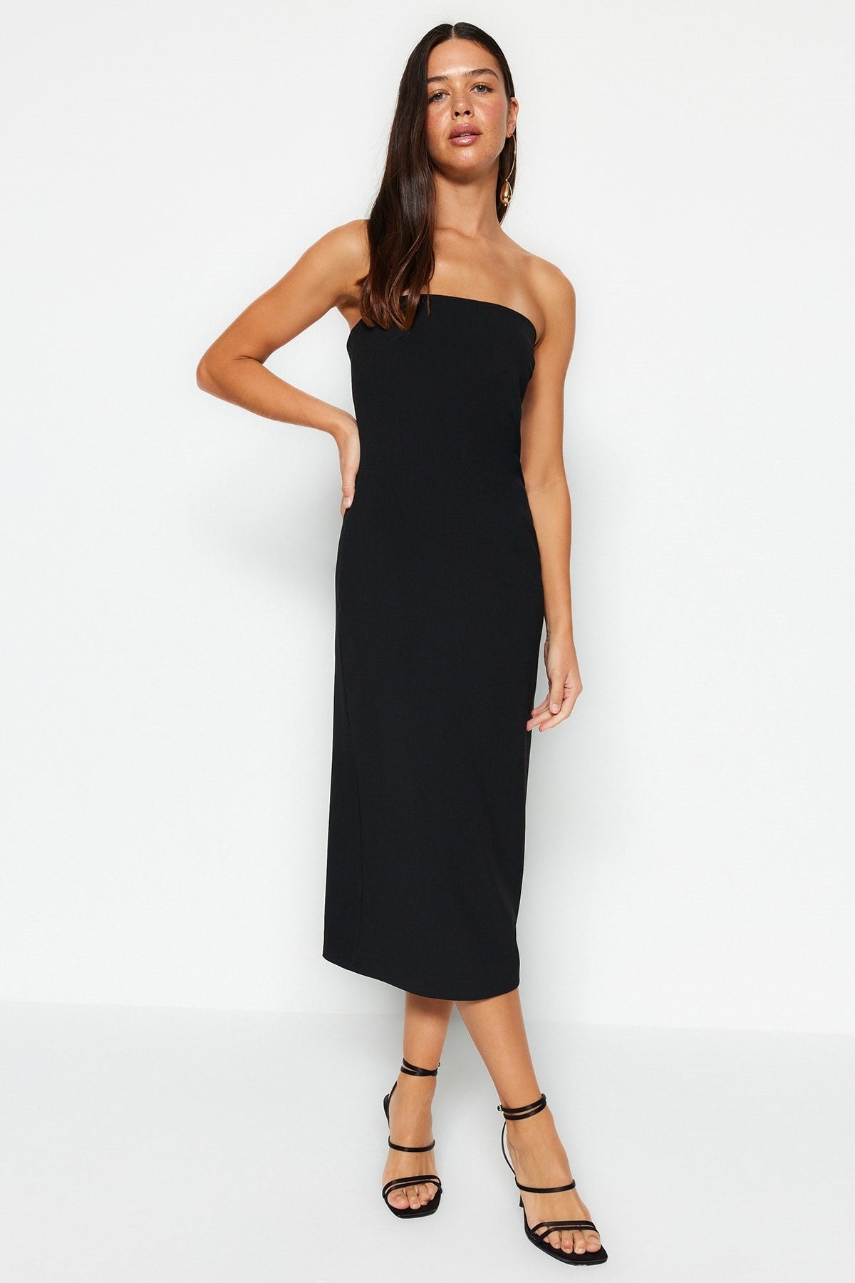 Black Shift/straight Cut Strapless Gabardine Midi Woven Dress Twoss22el00795