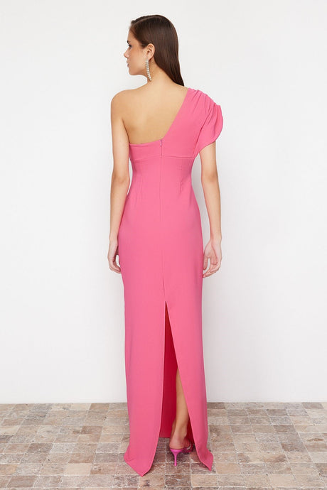 Fuchsia Asymmetric Collar Long Evening Dress Tprss24ae00119