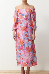 Orange Floral Carmen Collar A Cut/bell Form Chiffon Maxi Lined Woven Dress Twoss23el02422