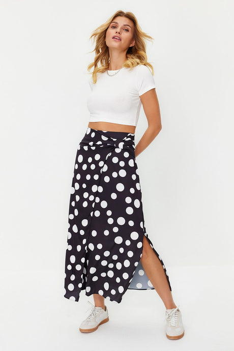 Black Polka Dot Slit Detailed Satin Maxi Length Woven Skirt Twoss24et00005