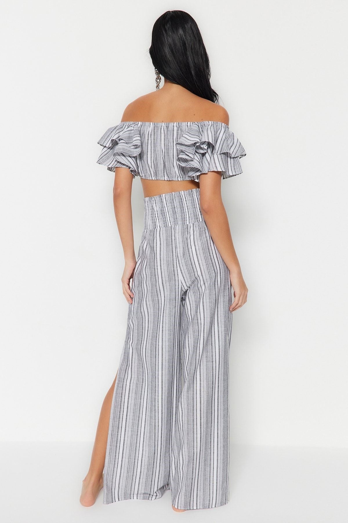 Grey Striped Woven Ruffle Blouse Pants Suit Tbess21au0305