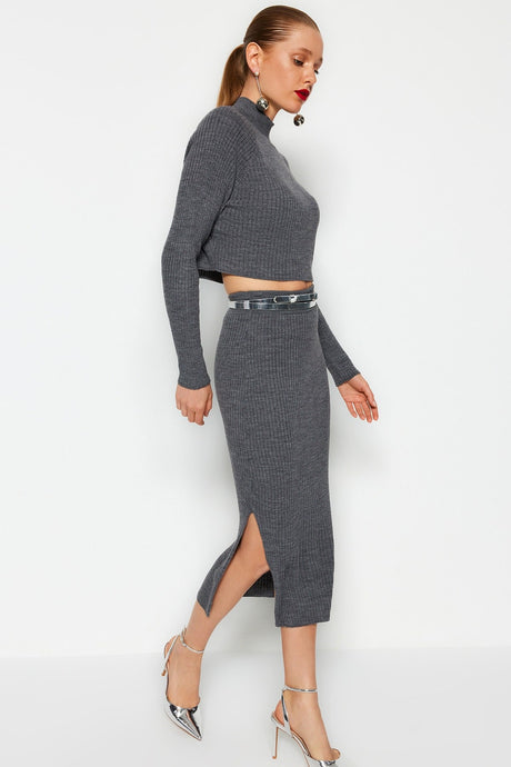 Black Crop Basic Skirt Knit Bottom Top Set Twoaw23au00170