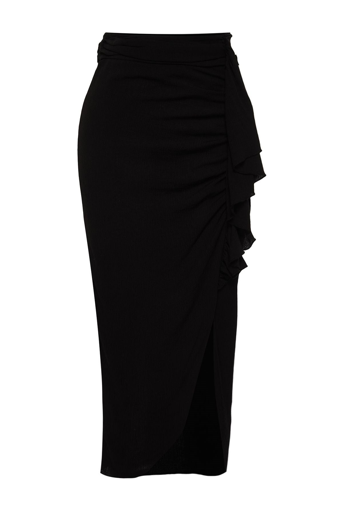 Black Midi Woven Ruffle Skirt Tbess24et00015