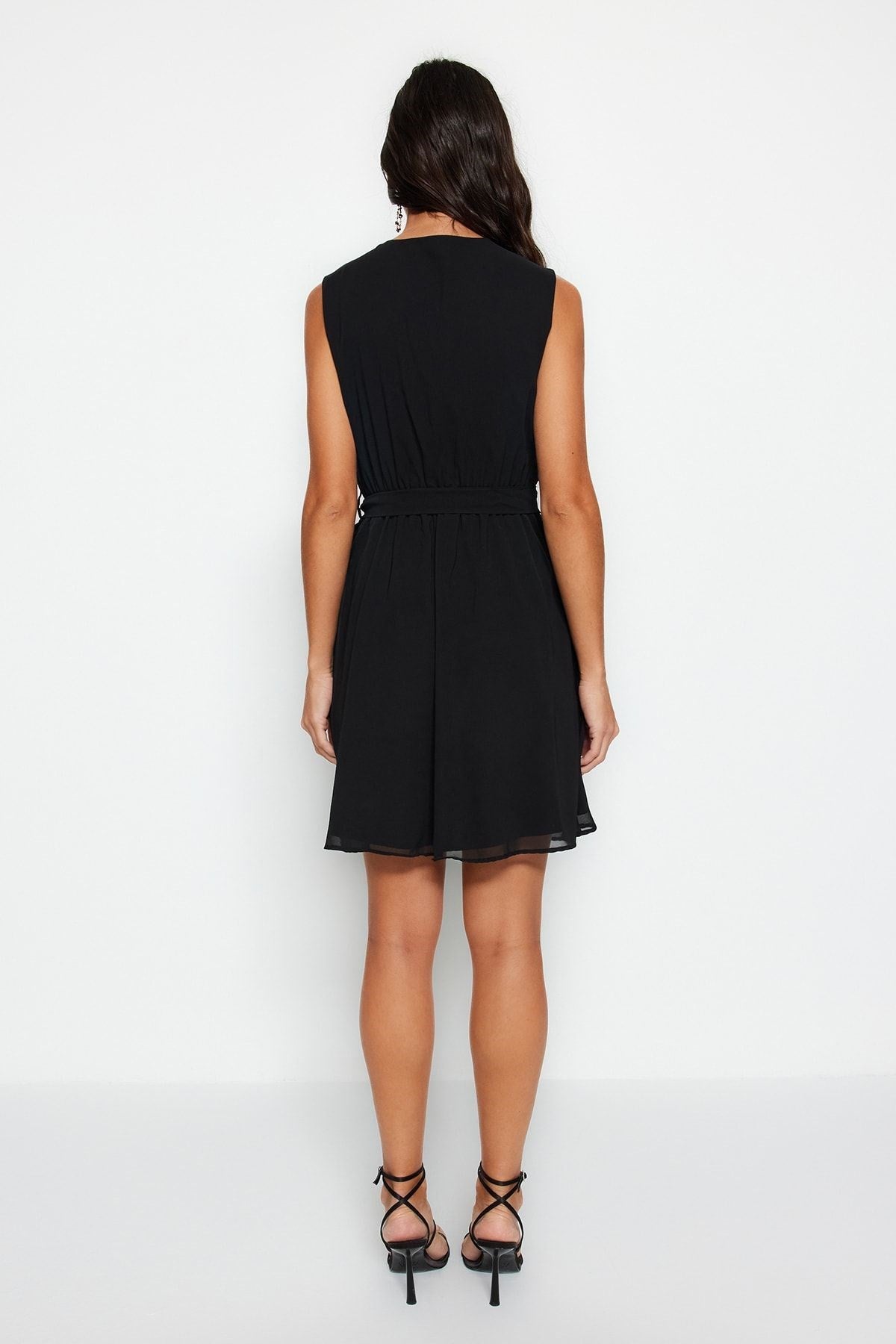 Black Belted V-neck Mini Lined Woven Dress Twoss23el02357