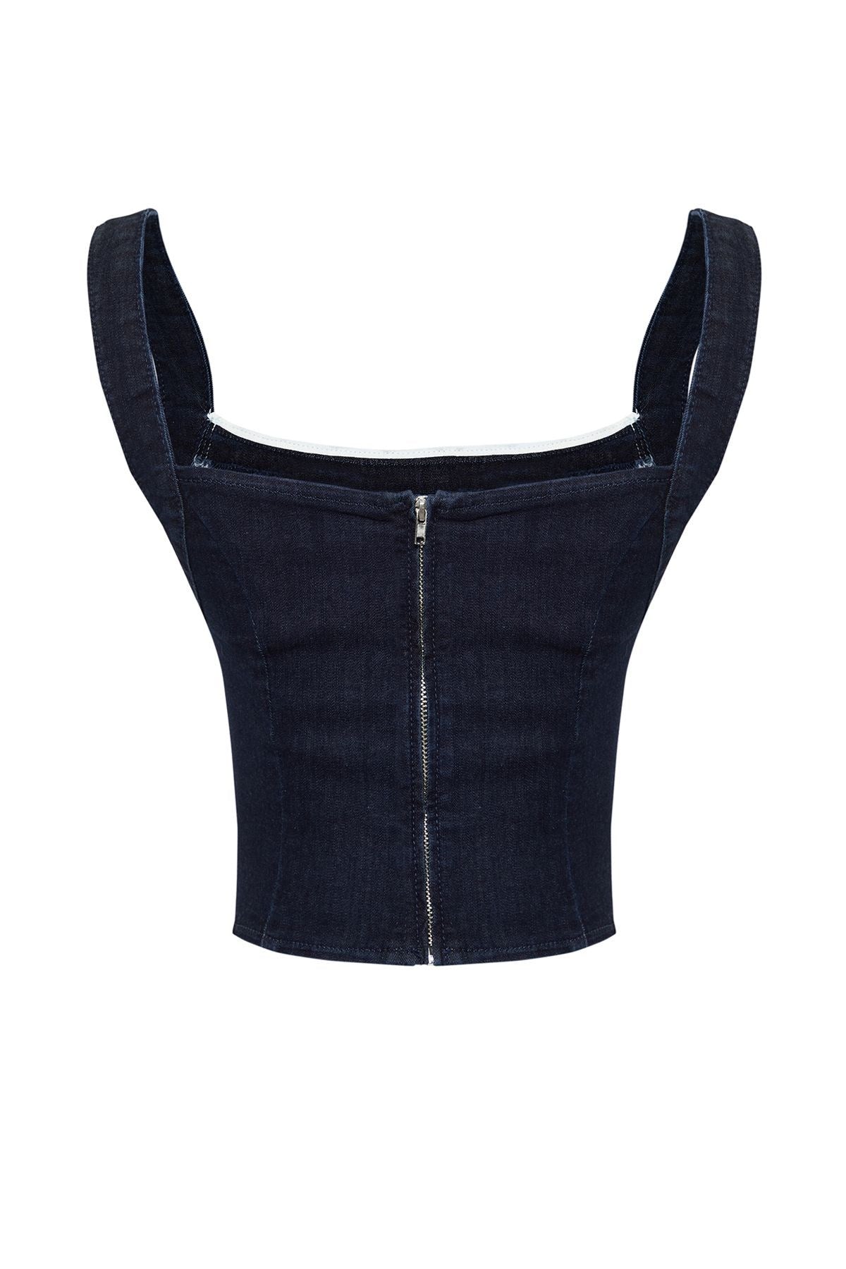 Dark Blue Collar Detailed Strappy Denim Bustier Twoss24bs00010