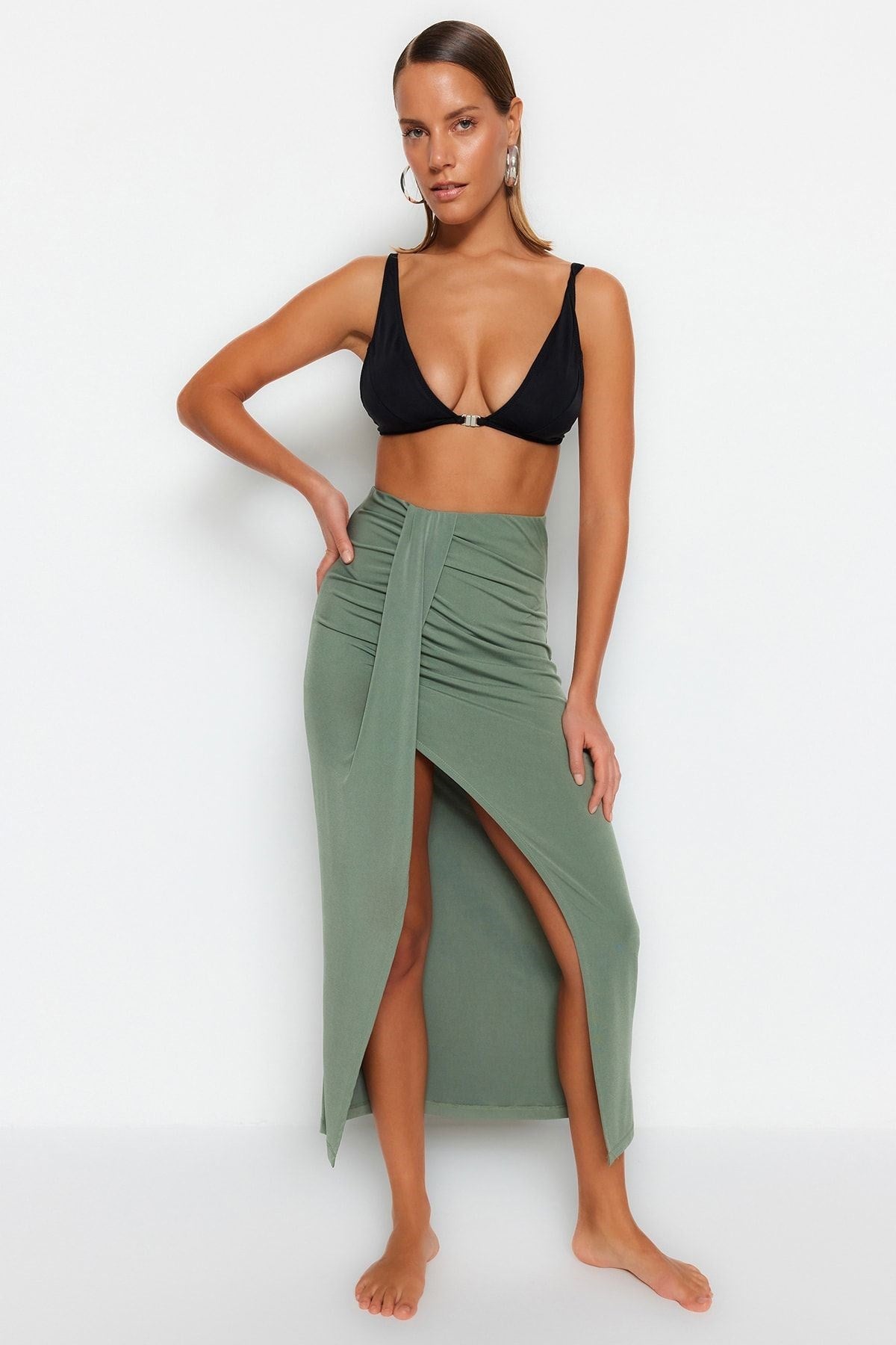 Khaki Body-fitting Maxi Woven Slit Skirt Tbess23et00021