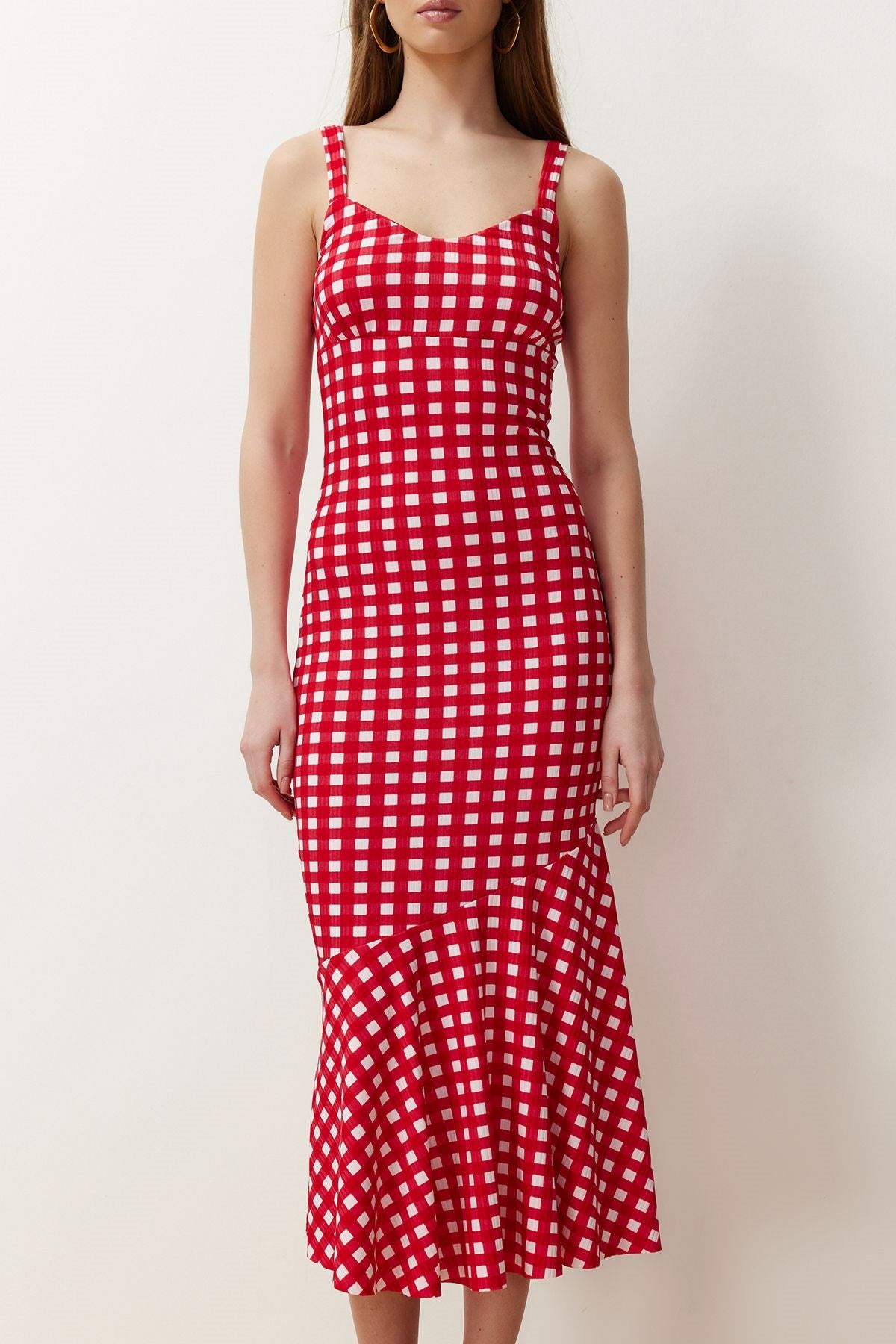 Red Plaid Strappy Body-fitting Ribbed Flexible Knitted Maxi Pencil Dress Twoss24el00682