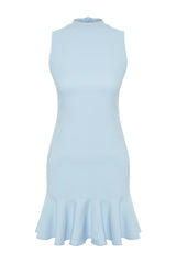 Blue Body-fitting Skirt Ruffle Plunging Neckline Mini Sleeveless Woven Dress Twoss24el00602