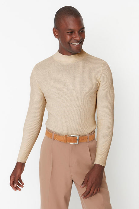 Brown Men's Fitted Slim Fit Half Turtleneck Ribbed Knitwear Sweater Tmnaw21kz0568