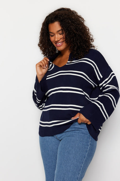 Navy Blue Striped Knitwear Sweater Tbbaw24an00013