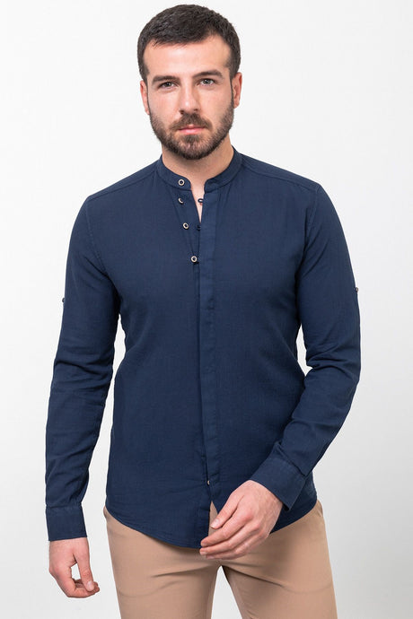 Patterned Navy Blue Color Slim Fit Dominant Collar Long Sleeve Linen Men's Shirt 37780.23y