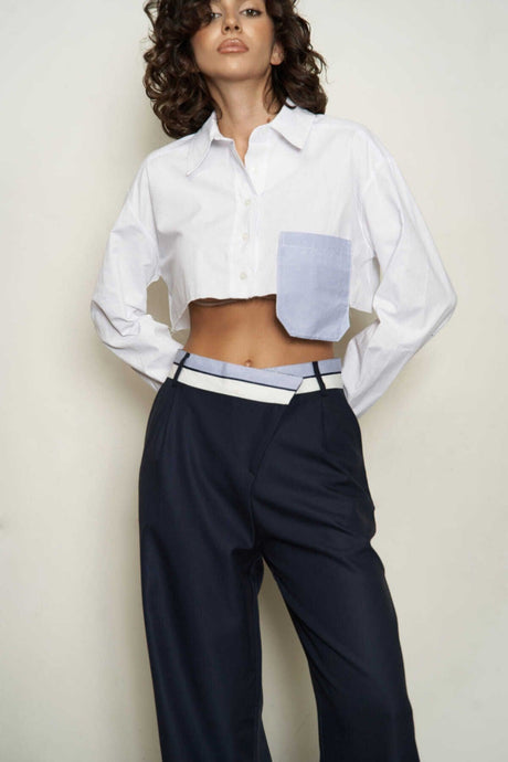 Coral Blue Striped White Crop Shirt 1587