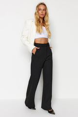 Black Striped Straight Fit High Waist Knitted Pants Twoaw24pl00222