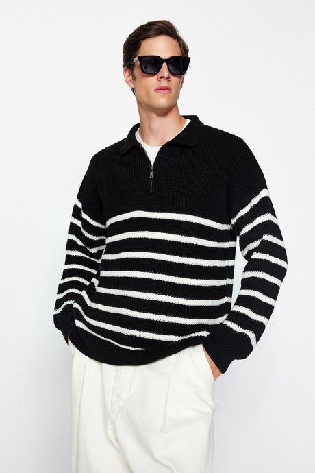 Black Mens Oversize Fit Wide Pattern Polo Collar Striped Knitwear Sweater Tmnaw24kz00018