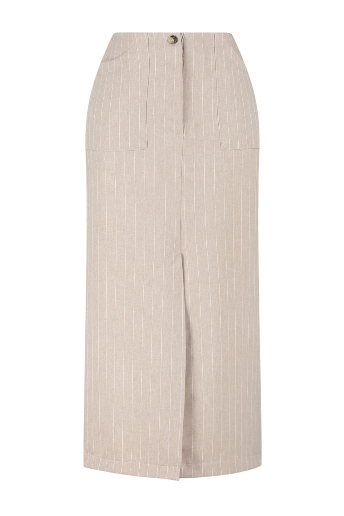 Beige Striped Slit Detailed A-line Midi Length Woven Skirt Twoss24et00100