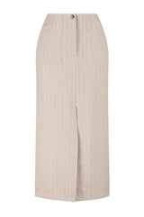 Beige Striped Slit Detailed A-line Midi Length Woven Skirt Twoss24et00100