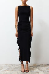 Black Straight Bodycone Zero Sleeve Slit Ruffle Detailed Flexible Thick Sandy Maxi Dress Twoss24el00