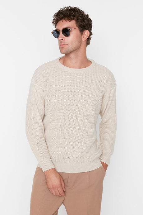 Khaki Men's Oversize Fit Wide Pattern Crew Neck Basic Knitwear Sweater Tmnaw23kz00189