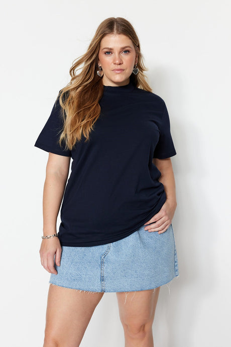 Navy Boyfriend Basic Knitted Collar Ribbed Tshirt Tbbss23bf00019