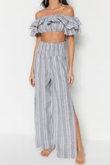 Grey Striped Woven Ruffle Blouse Pants Suit Tbess21au0305