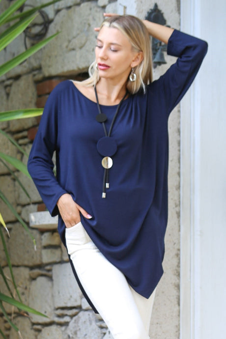 Navy Boat Neck Long Sleeve Knitted Asymmetric Casual Blouse M10010200bl92831