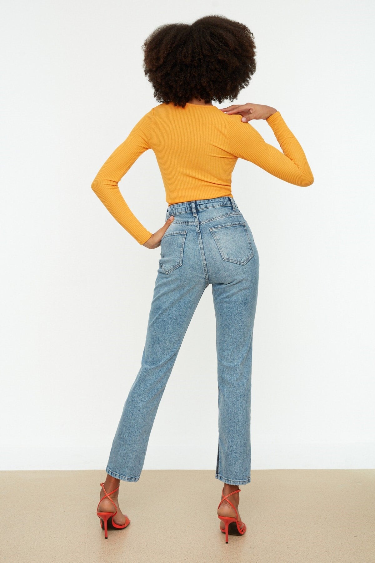 Blue Slit High Waist Straight Jeans Twoss22je0430