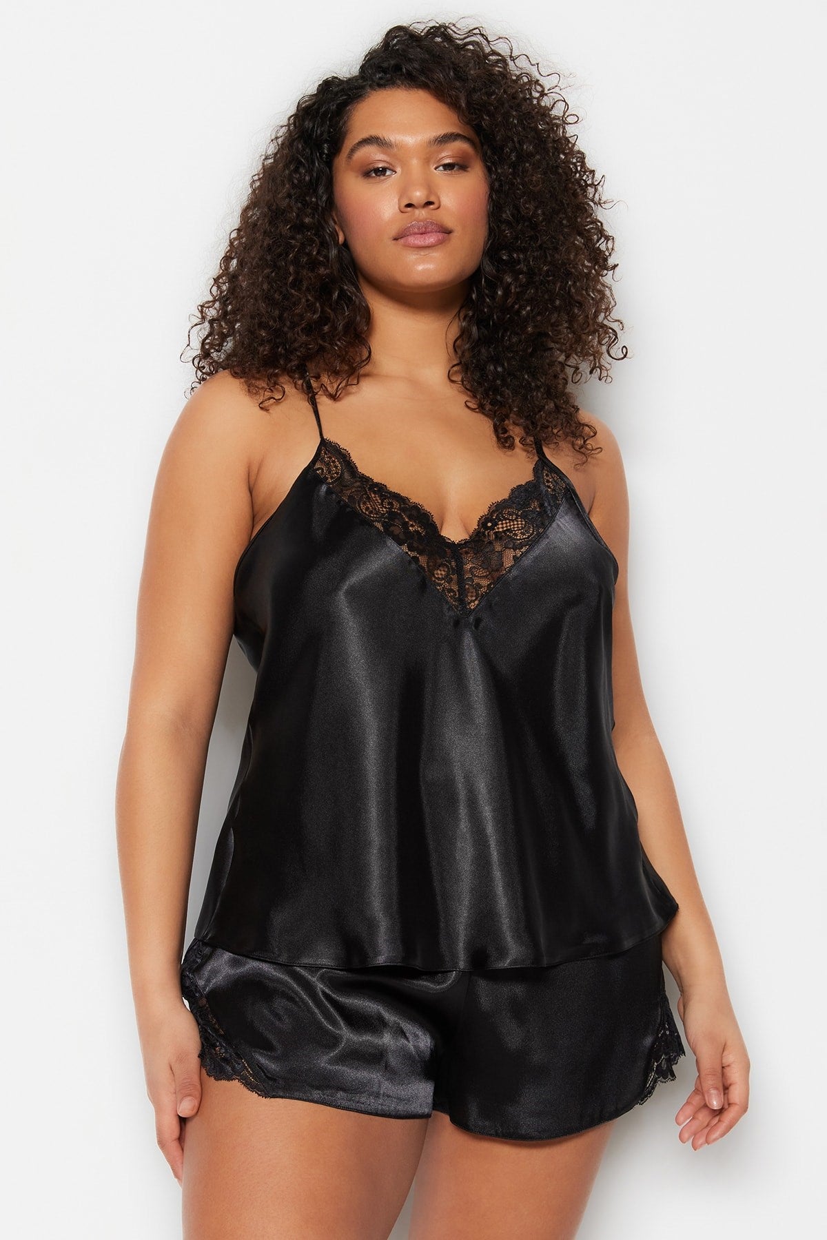 Black Satin Woven Collar Lace Pajama Set Tbbss23ai00020