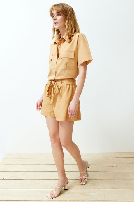 Mustard Lacing Detailed Cotton Woven Shorts Twoss24sr00065