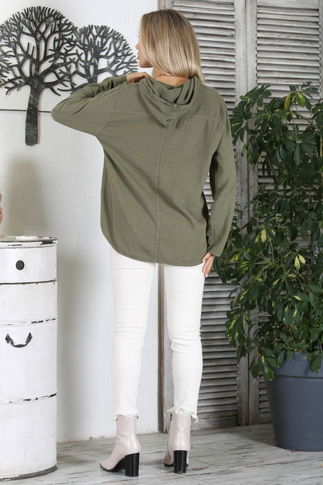 Grey Hooded Long Sleeve Buttoned Kangaroo Pocket Woven Wide Cut Blouse M10010200bl92584