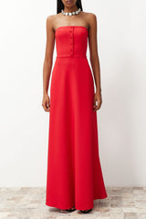 Red Buttoned Woven Long Evening Dress Tprss24ae00095