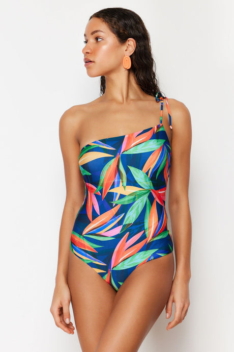 Tropical Print One Shoulder Tie Regular Swimsuit Tbess24ma00151