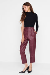 Black Carrot Woven Front Button Faux Leather Pants Twoaw22pl0083